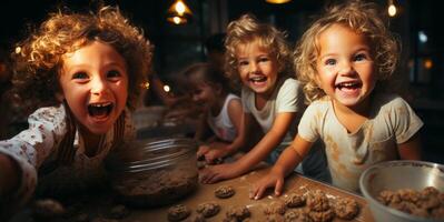 ai generado contento niños horneando galletas generativo ai foto