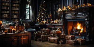 AI generated New Year's interior with gifts and a fireplace Generative AI photo