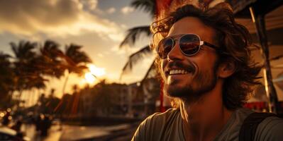 ai generado hombre en Gafas de sol en el antecedentes de el azur playa generativo ai foto