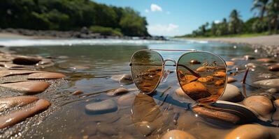 AI generated sunglasses lie on the beach on the sand Generative AI photo