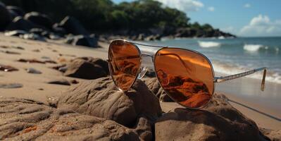 ai generado Gafas de sol mentira en el playa en el arena generativo ai foto