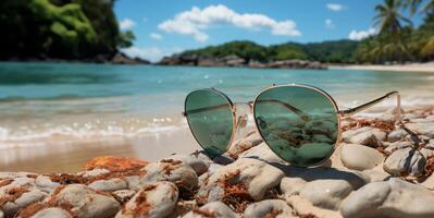 ai generado Gafas de sol mentira en el playa en el arena generativo ai foto