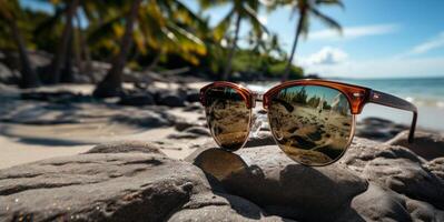 ai generado Gafas de sol mentira en el playa en el arena generativo ai foto