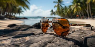 AI generated sunglasses lie on the beach on the sand Generative AI photo