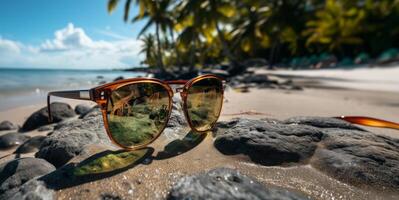 ai generado Gafas de sol mentira en el playa en el arena generativo ai foto