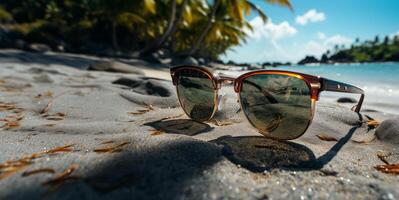 ai generado Gafas de sol mentira en el playa en el arena generativo ai foto