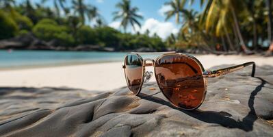 AI generated sunglasses lie on the beach on the sand Generative AI photo