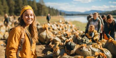 AI generated volunteers cleans up garbage pollution Generative AI photo