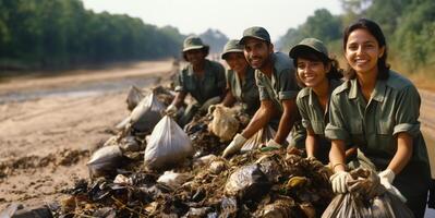 AI generated volunteers cleans up garbage pollution Generative AI photo