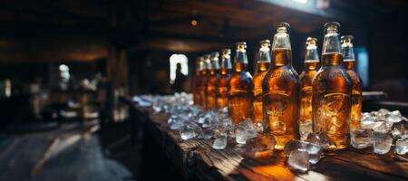 ai generado botellas de cerveza en hielo en el bar mostrador generativo ai foto