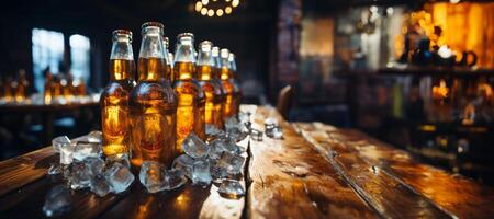 AI generated bottles of beer in ice on the bar counter Generative AI photo