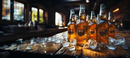 ai generado botellas de cerveza en hielo en el bar mostrador generativo ai foto