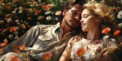 AI generated couple in love on Flower meadow Generative AI photo