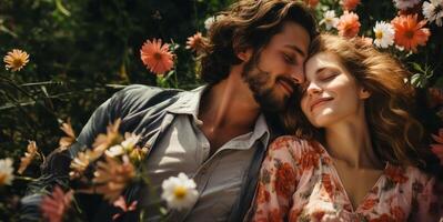 AI generated couple in love on Flower meadow Generative AI photo