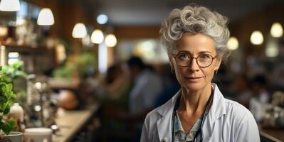 AI generated elderly woman doctor with a stethoscope in a dressing gown Generative AI photo