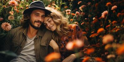 AI generated couple in love on Flower meadow Generative AI photo