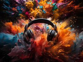 AI generated headphones in a colorful explosion of colors Generative AI photo