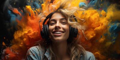 AI generated headphones in a colorful explosion of colors Generative AI photo