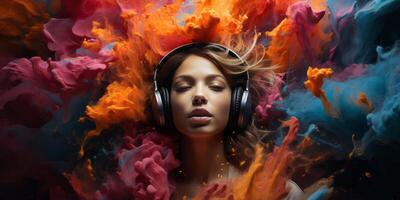 AI generated headphones in a colorful explosion of colors Generative AI photo