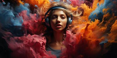 AI generated headphones in a colorful explosion of colors Generative AI photo