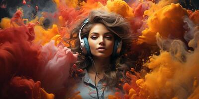 AI generated headphones in a colorful explosion of colors Generative AI photo