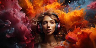 AI generated headphones in a colorful explosion of colors Generative AI photo