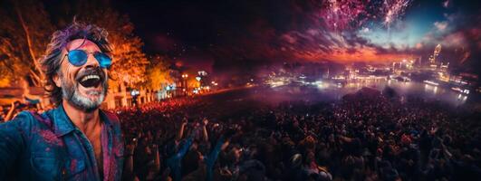 ai generado hombre teniendo divertido a un concierto generativo ai foto