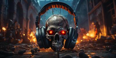 AI generated skull with headphones Generative AI photo