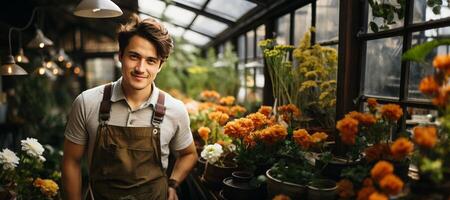 ai generado vendedor en su flor tienda generativo ai foto