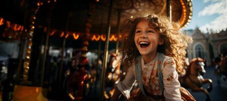 AI generated Happy child on the Carousel, on an attraction Generative AI photo