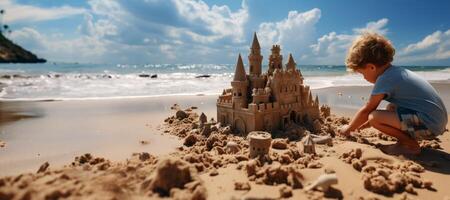 ai generado niño construye un arena castillo en el playa generativo ai foto