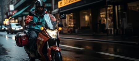 AI generated delivery around the city by motorcycle Generative AI photo