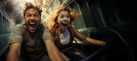AI generated happy young couple on a roller coaster Generative AI photo