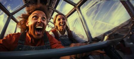 AI generated happy young couple on a roller coaster Generative AI photo