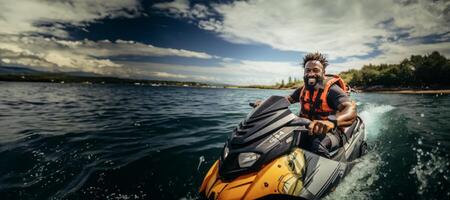 AI generated happy man on a jet ski Generative AI photo