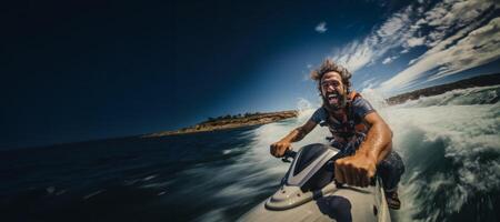 AI generated happy man on a jet ski Generative AI photo