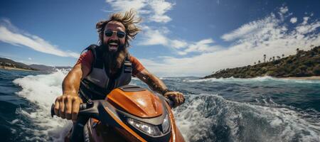 AI generated happy man on a jet ski Generative AI photo