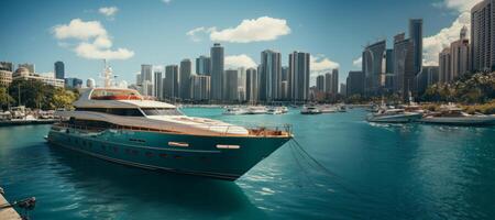 AI generated beautiful yacht against the background of the city Generative AI photo