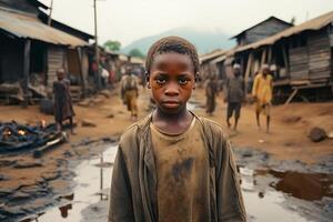 ai generado africano niño en el barrios marginales generativo ai foto