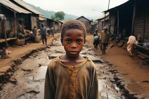 ai generado africano niño en el barrios marginales generativo ai foto