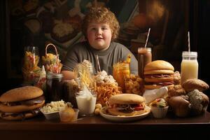 AI generated fat child and fast food Generative AI photo