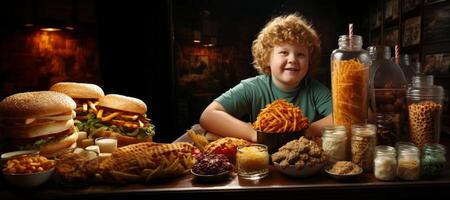 AI generated fat child and fast food Generative AI photo