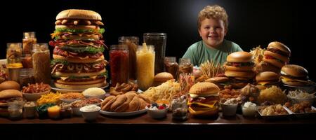 AI generated fat child and fast food Generative AI photo