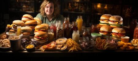 AI generated fat woman and fast food Generative AI photo