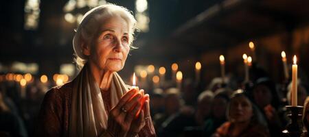 AI generated elderly woman praying in church Generative AI photo