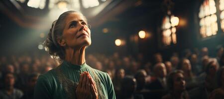 AI generated elderly woman praying in church Generative AI photo