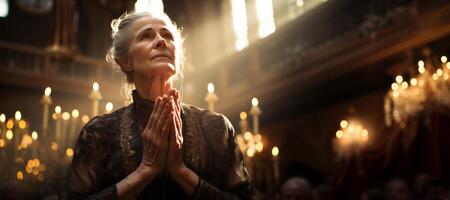 AI generated elderly woman praying in church Generative AI photo