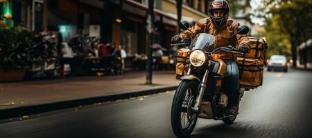 ai generado entrega alrededor el ciudad por motocicleta generativo ai foto