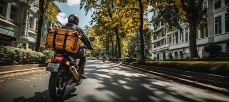 AI generated delivery around the city by motorcycle Generative AI photo