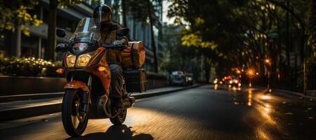 ai generado entrega alrededor el ciudad por motocicleta generativo ai foto